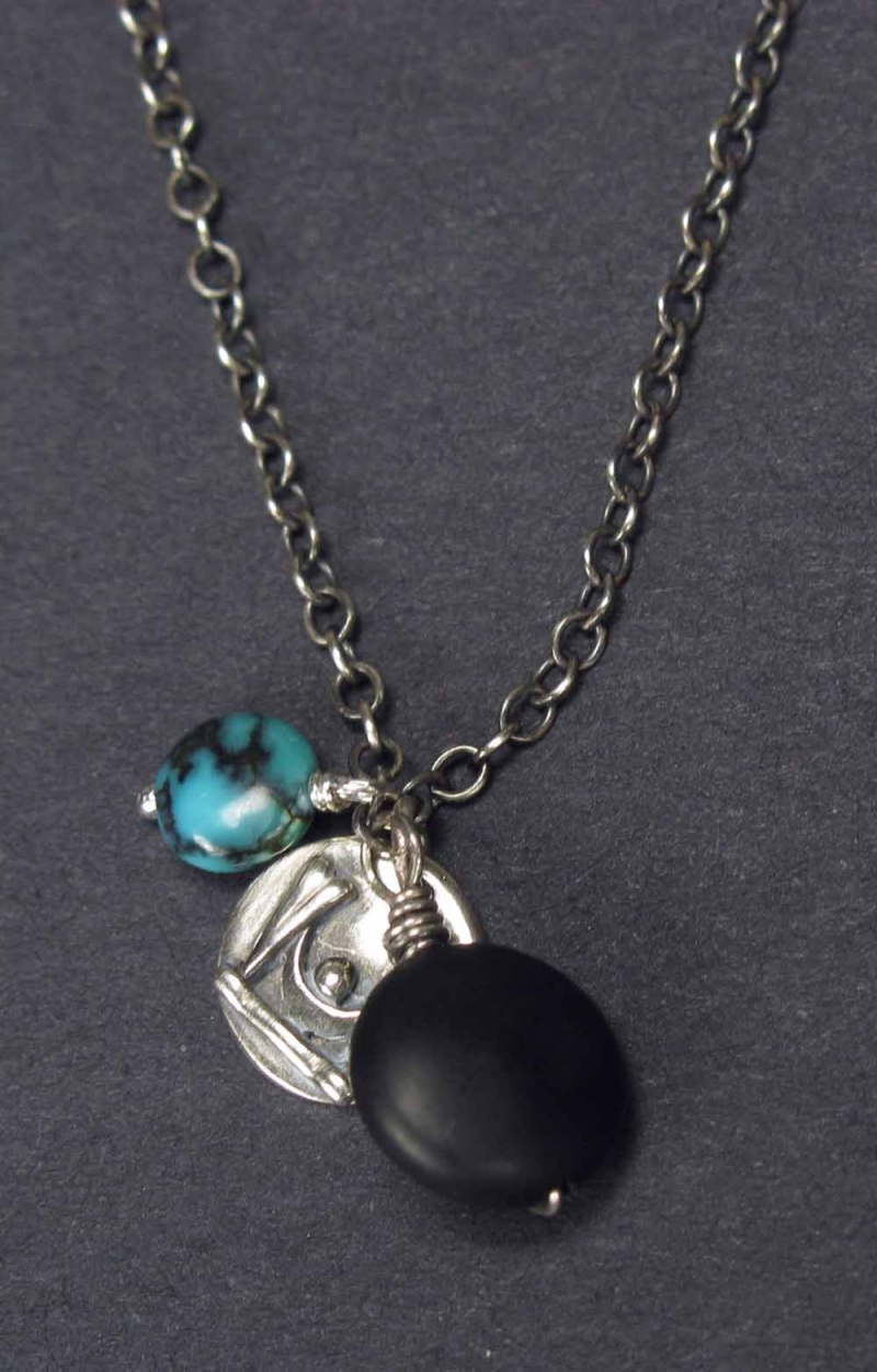 Silver Necklace with Onyx, Turquoise and Silver Dangles
